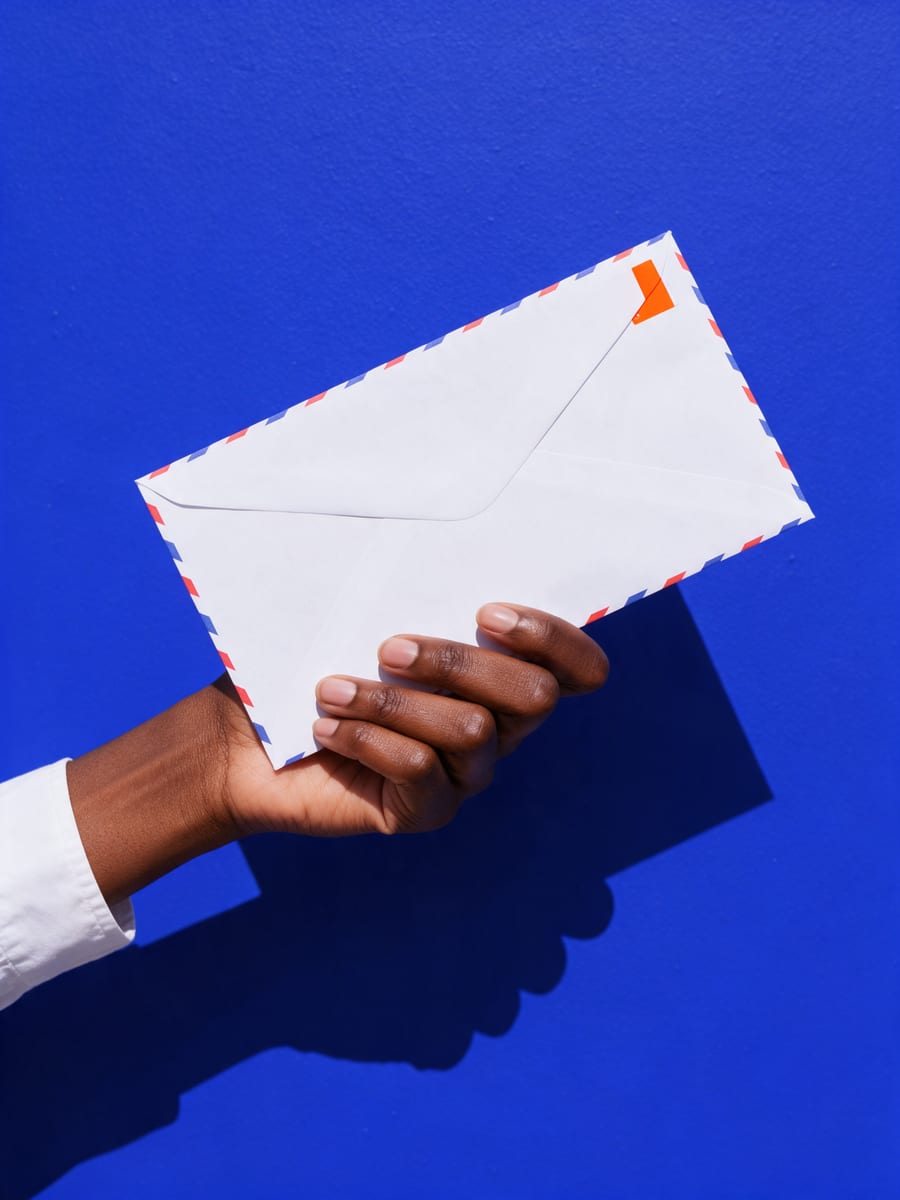 A hand holding a white envelope with an orange tracking sticker against a cobalt wall